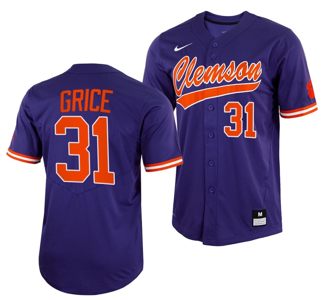 Caden Grice Jersey #31 Clemson Tigers College Baseball Purple Full-Button