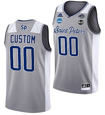 Custom Saint Peter's Peacocks Jersey Name and Number College Basketball 2022 NCAA March Madness Grey BLM