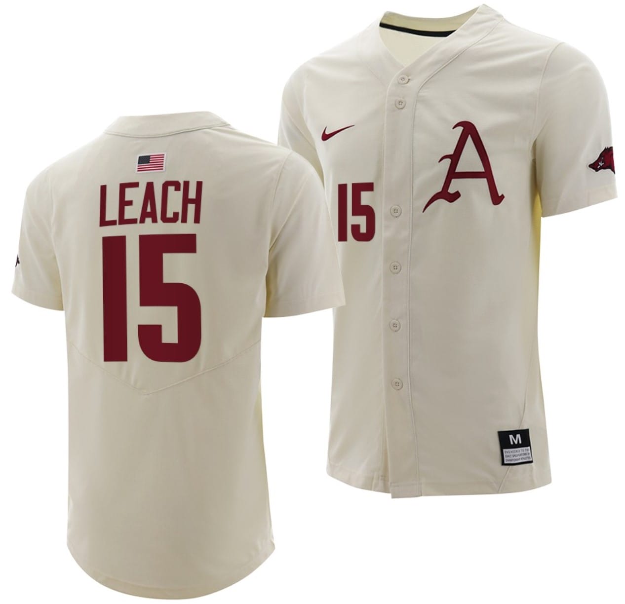 Dylan Leach Jersey #15 Arkansas Razorbacks College Baseball Full-Button Natural