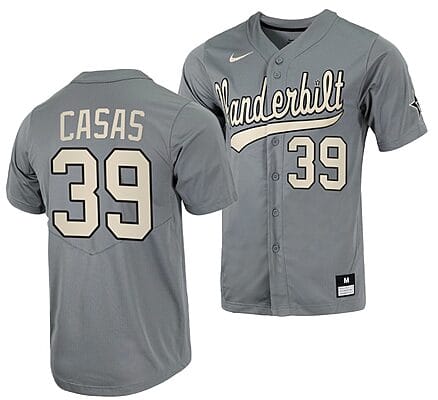 Gavin Casas Jersey #39 Vanderbilt Commodores College Baseball Full-Button Grey