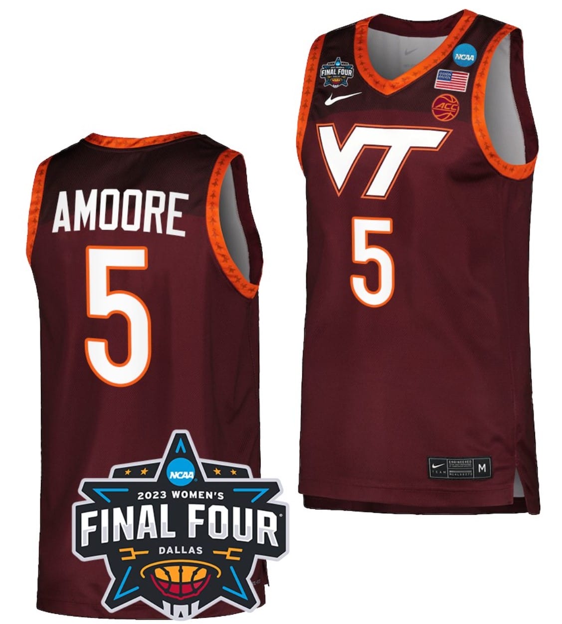 Georgia Amoore Jersey Virginia Tech Hokies College Basketball 2023 NCAA March Madness Final Four Maroon #5
