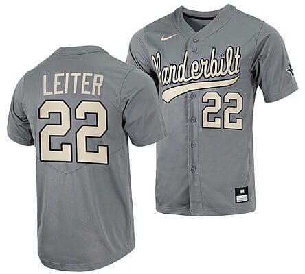 Jack Leiter Jersey #22 Vanderbilt Commodores College Baseball Full-Button Grey