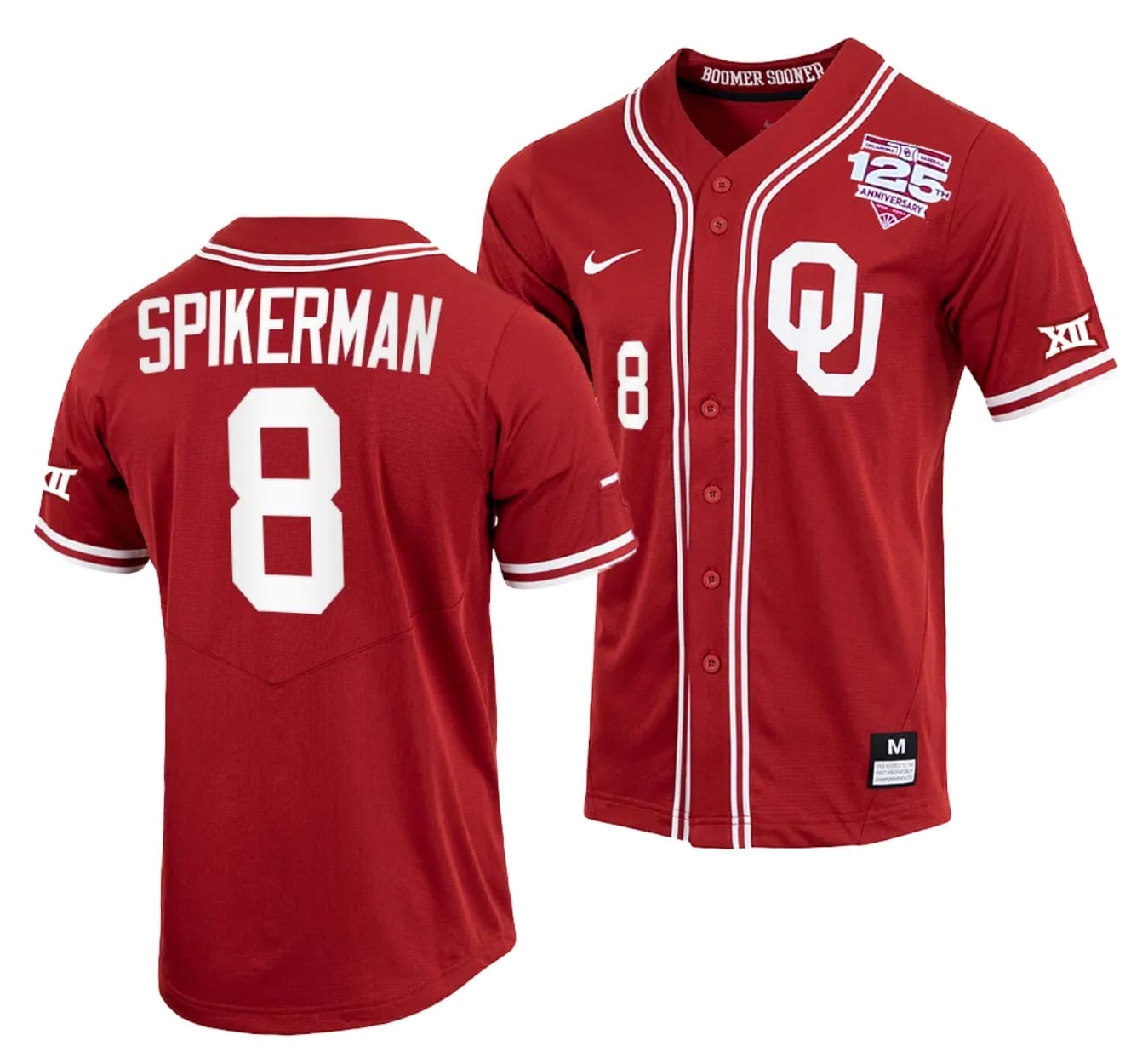 John Spikerman Jersey #8 Oklahoma Sooners Baseball NCAA College Crimson 125th Season Full-Button