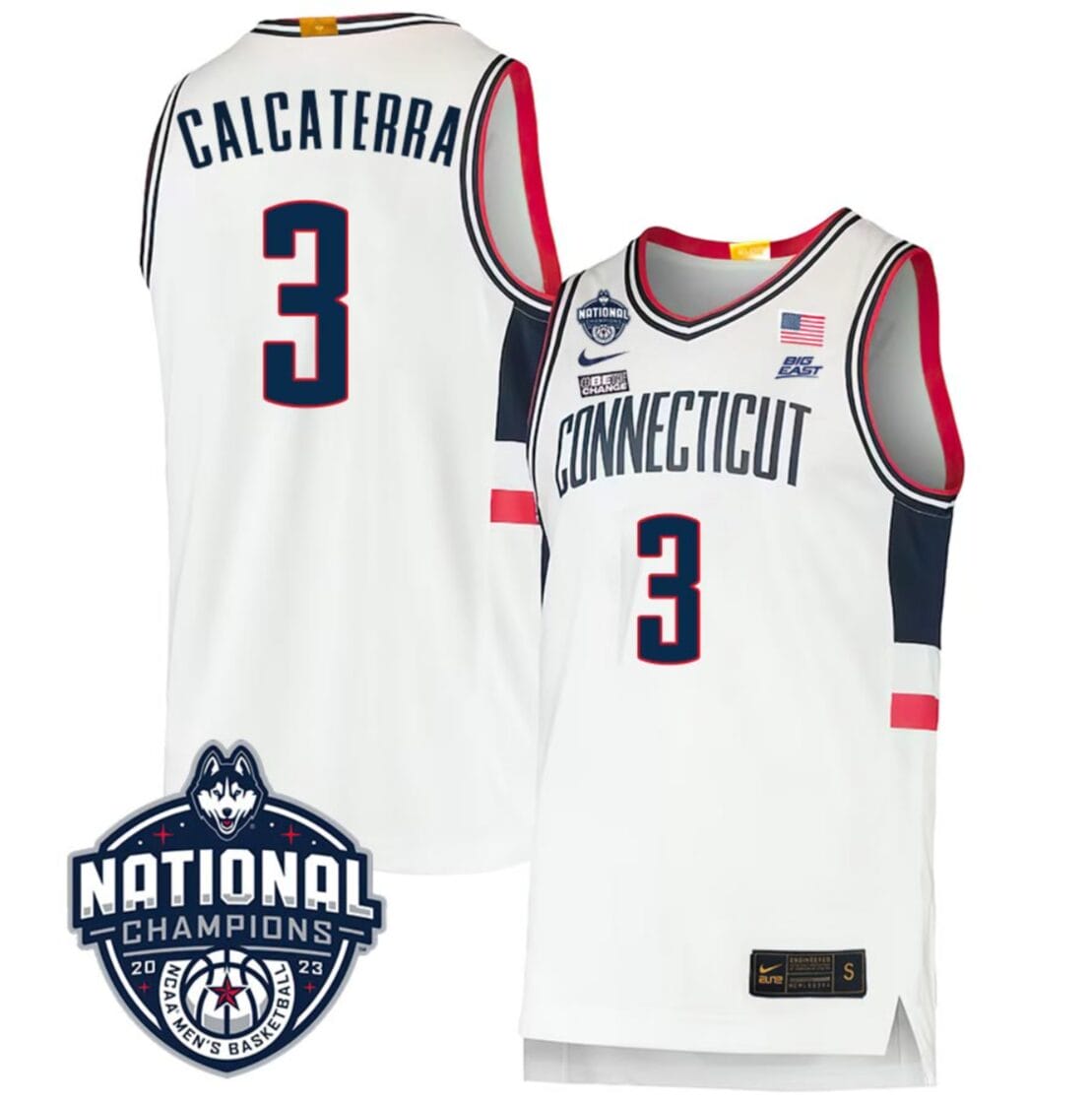 Joey Calcaterra Jersey #3 UConn Huskies 2023 National Champions College Basketball White