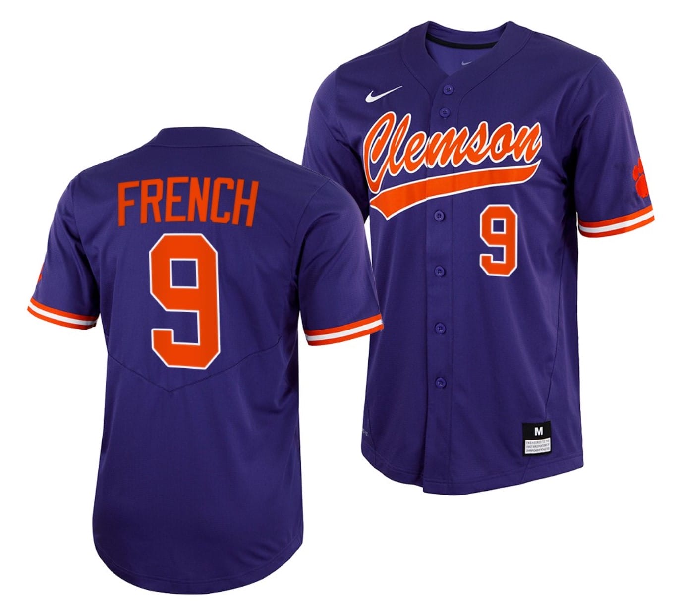 Jonathan French Jersey #9 Clemson Tigers College Baseball Purple Full-Button