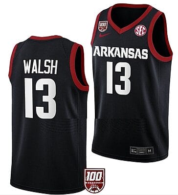 Jordan Walsh Jersey #13 Arkansas Razorbacks College Basketball 100 Season Black