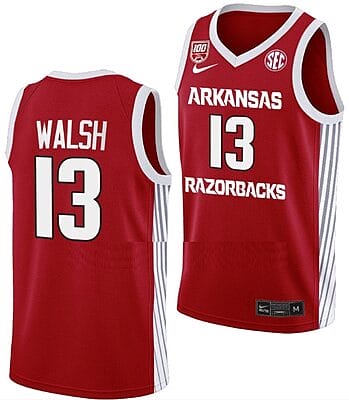 Jordan Walsh Jersey #13 Arkansas Razorbacks College Basketball 100 Season Red