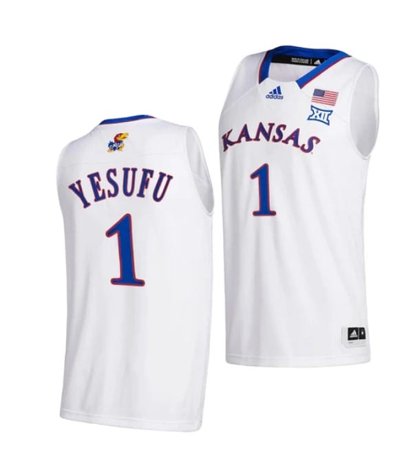 Men's #1 Joseph Yesufu Jersey Kansas Jayhawks College Basketball Jerseys White 2022