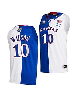 Men's #10 Jalen Wilson Jersey Kansas Jayhawks College Basketball Jerseys White Royal Split 2022