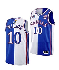 Men's #10 Jalen Wilson Jersey Kansas Jayhawks College Basketball Jerseys White Royal Split