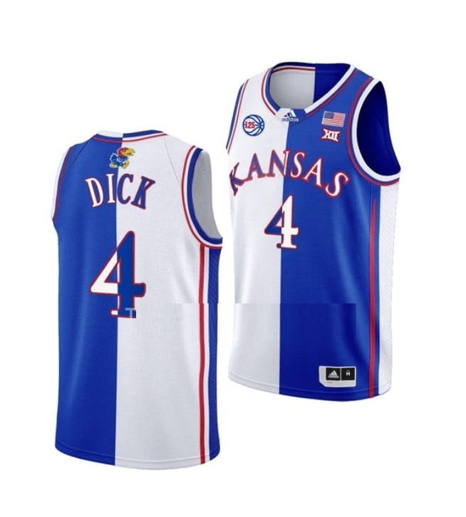 Men's #4 Gradey Dick Jersey Kansas Jayhawks College Basketball Jerseys White Royal Split