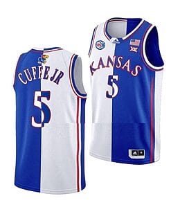 Men's #5 Kyle Cuffe Jr Jersey Kansas Jayhawks College Basketball Jerseys Blue White Split