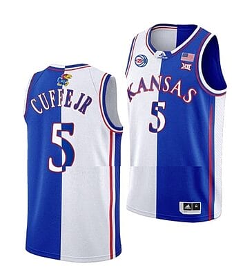 Men's #5 Kyle Cuffe Jr Jersey Kansas Jayhawks College Basketball Jerseys Blue White Split