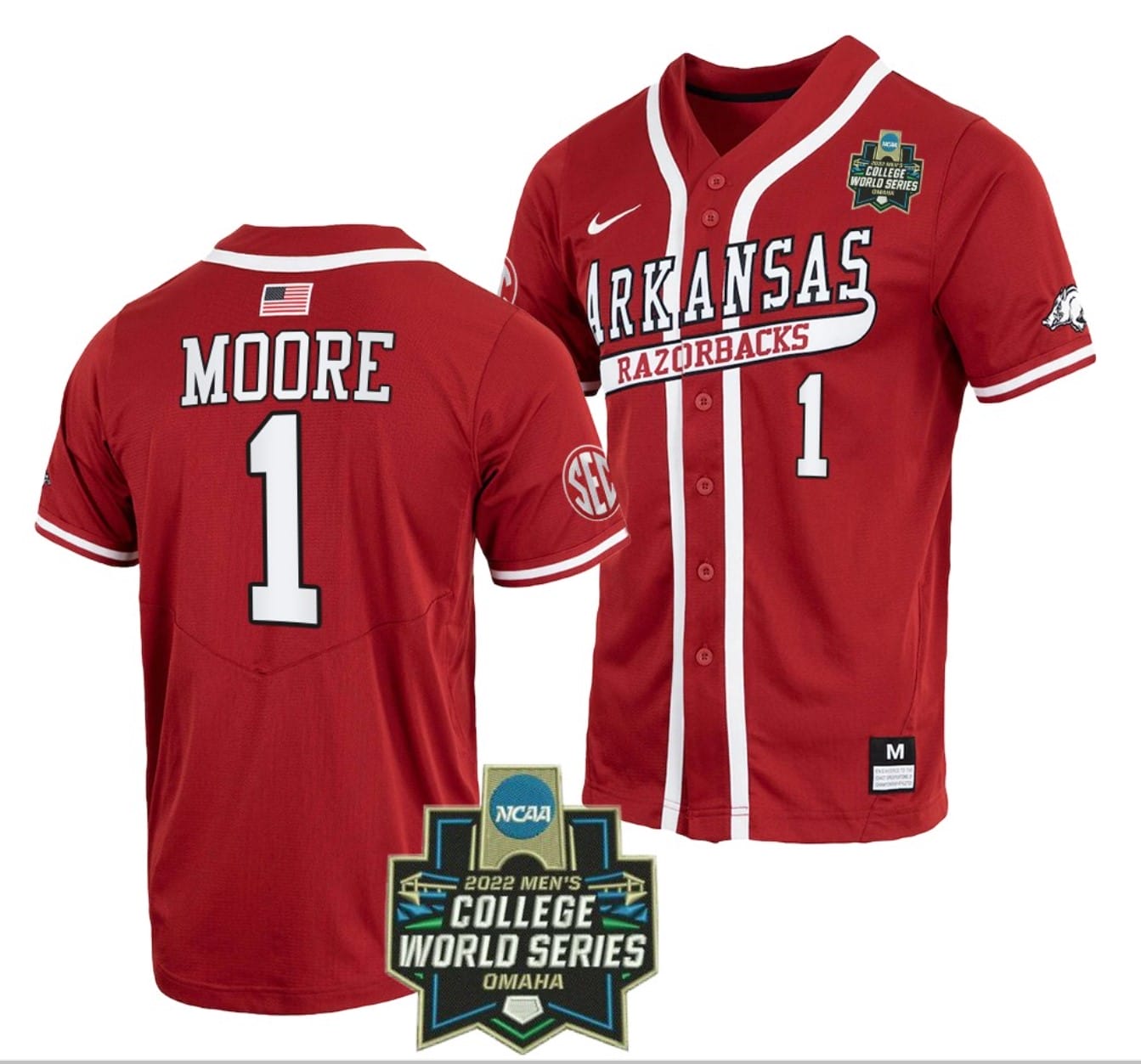 Robert Moore Jersey #1 Arkansas Razorbacks Baseball NCAA 2022 College World Series Cardinal