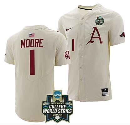 Robert Moore Jersey #1 Arkansas Razorbacks Baseball NCAA 2022 College World Series White