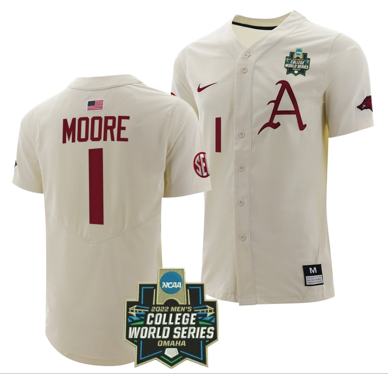 Robert Moore Jersey #1 Arkansas Razorbacks Baseball NCAA 2022 College World Series White