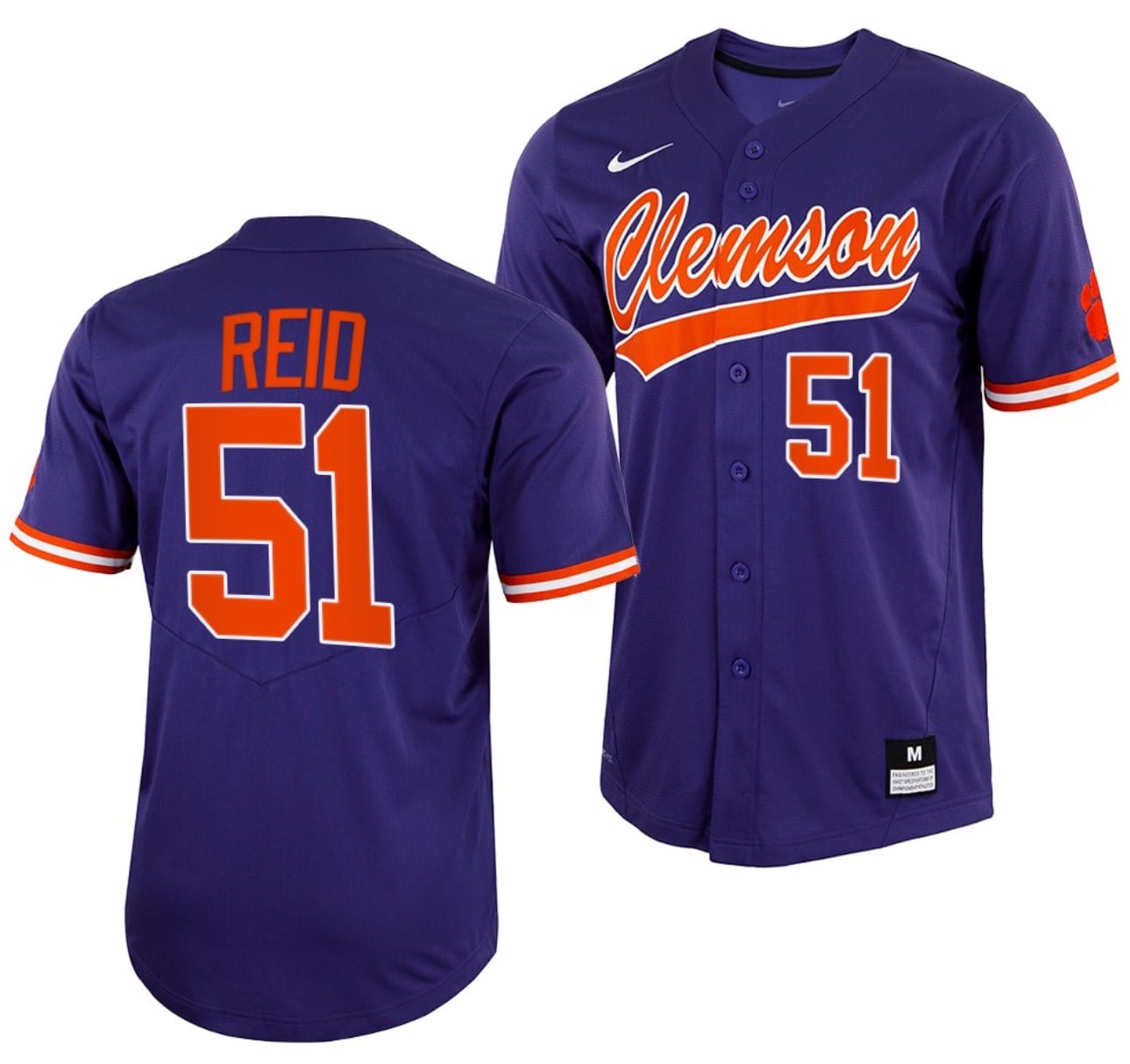 Rocco Reid Jersey #51 Clemson Tigers College Baseball Purple Full-Button