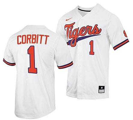 Tyler Corbitt Jersey #1 Clemson Tigers College Baseball White