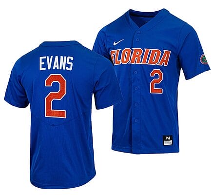 Ty Evans Jersey #2 Florida Gators College Baseball Full-Button Royal