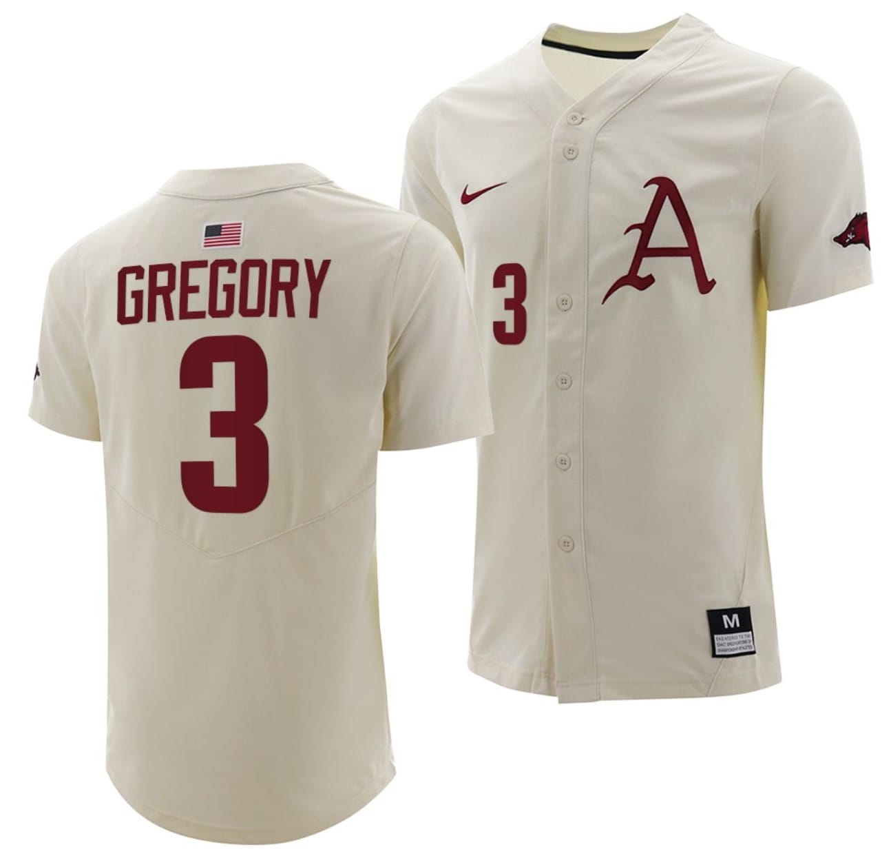 Zack Gregory Jersey #3 Arkansas Razorbacks College Baseball Full-Button Natural