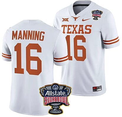 Arch Manning Jersey #16 Texas Longhorns Allstate Sugar Bowl Patch 2024 College Football White