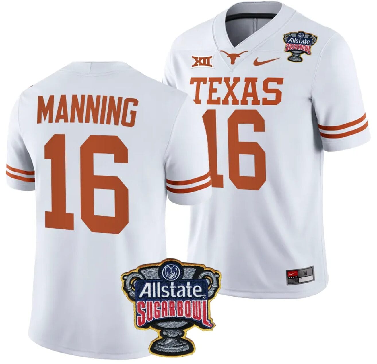 Arch Manning Jersey #16 Texas Longhorns Allstate Sugar Bowl Patch 2024 College Football White