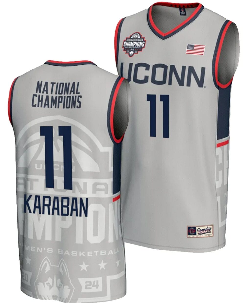 Alex Karaban Jersey #11 UConn Huskies 2024 NCAA Basketball National Champions Lightweight Gray