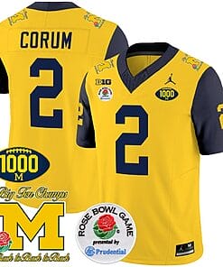 Blake Corum Jersey #2 Michigan Wolverines Vapor Stitched 1000 Wins Rose Bowl Patch Navy Sleeves
