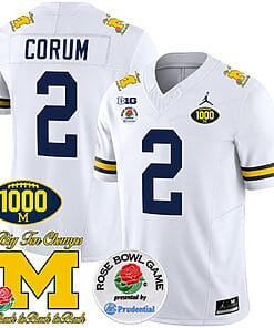 Blake Corum Jersey #2 Michigan Wolverines Vapor Stitched 1000 Wins Rose Bowl Patch White