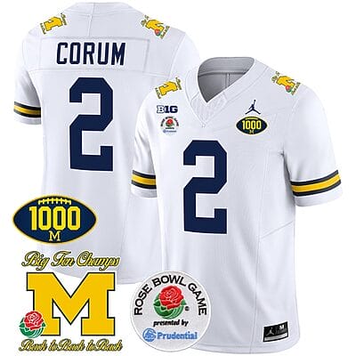 Blake Corum Jersey #2 Michigan Wolverines Vapor Stitched 1000 Wins Rose Bowl Patch White