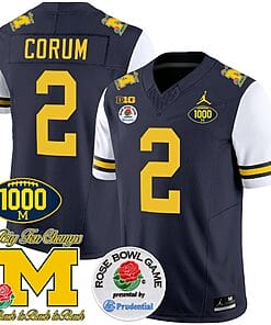 Blake Corum Jersey #2 Michigan Wolverines Vapor Stitched 1000 Wins Rose Bowl Patch White Sleeves
