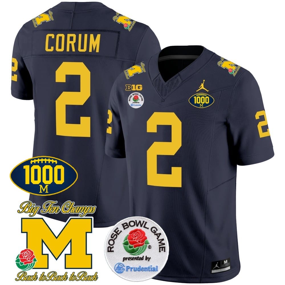 Blake Corum Jersey #2 Michigan Wolverines Vapor Stitched 1000 Wins Rose Bowl Patch Navy