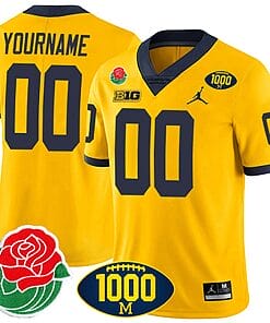 Custom Michigan Wolverines Jersey Name and Number 1000 Wins & Rose Bowl Patch Special Yellow