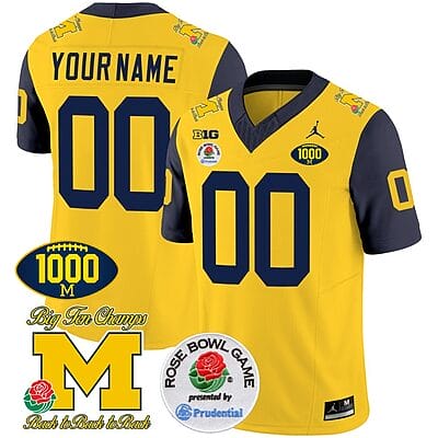 Custom Michigan Wolverines Jersey Name and Number 1000 Wins Rose Bowl Patch Navy Sleeves