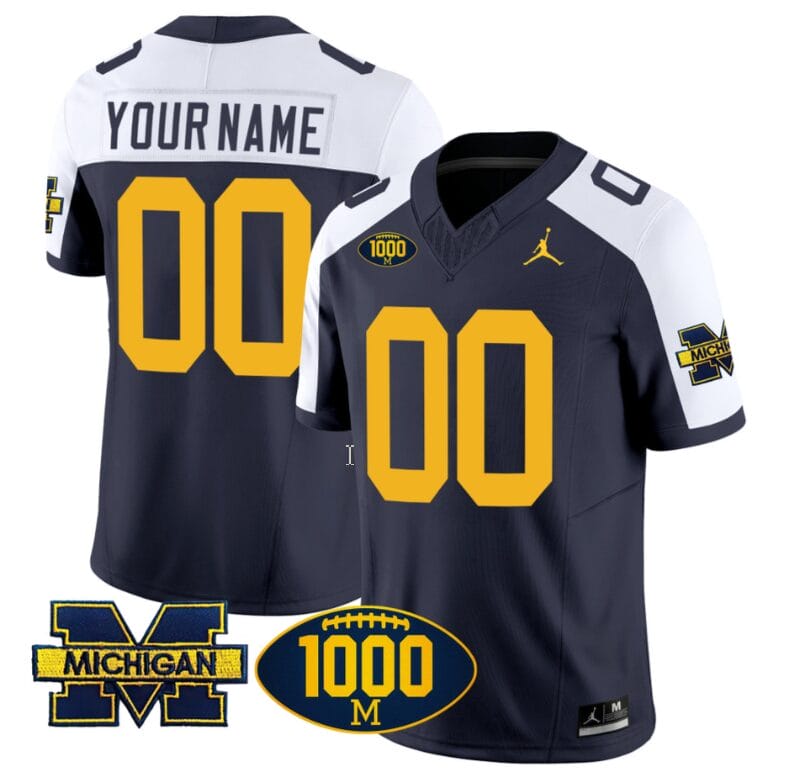 Custom Michigan Wolverines Jersey Name and Number 1000 Wins Patch Vapor College Football Navy Alternate