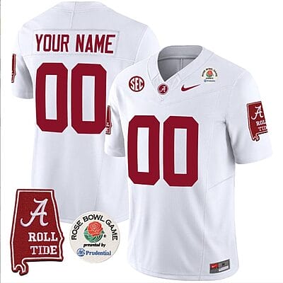 Custom Alabama Crimson Jersey Name and Number Rose Bowl Patch Football White