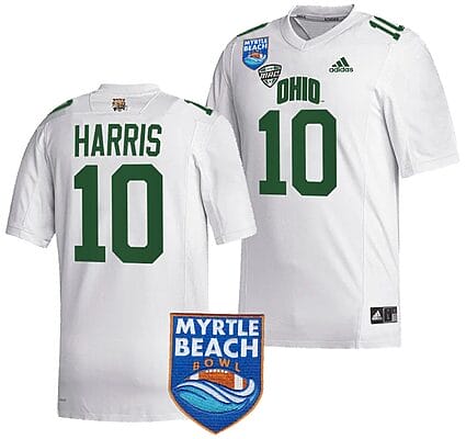 CJ Harris Jersey #10 Ohio Bobcats 2023 Myrtle Beach Bowl Patch MVP Football White