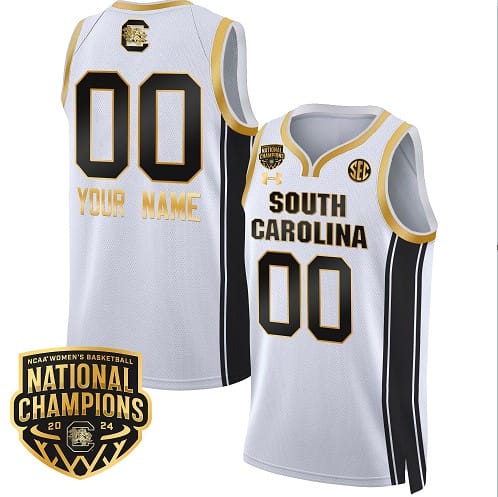 Custom South Carolina Gamecocks Basketball Jersey Name and Number 2024 National Champions All Stitched White Gold