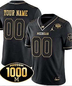 Custom Michigan Wolverines Jersey Name and Number 1000 Wins Patch Football All Stitched Black Gold