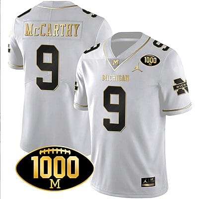 JJ McCarthy Jersey #9 Michigan Wolverines 1000 Wins Patch Football All Stitched White Gold