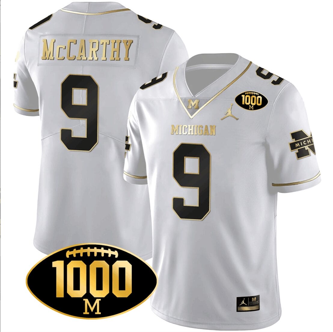 JJ McCarthy Jersey #9 Michigan Wolverines 1000 Wins Patch Football All Stitched White Gold