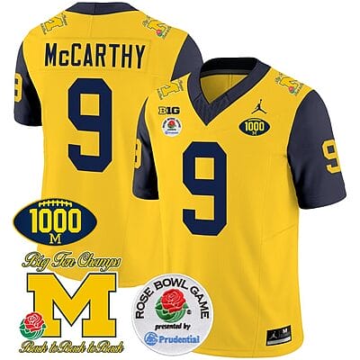 JJ McCarthy Jersey #9 Michigan Wolverines Vapor Stitched 1000 Wins Rose Bowl Patch Navy Sleeves