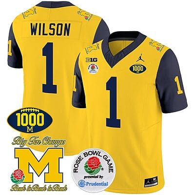 Roman Wilson Jersey #1 Michigan Wolverines Vapor Stitched 1000 Wins Rose Bowl Patch Navy Sleeves