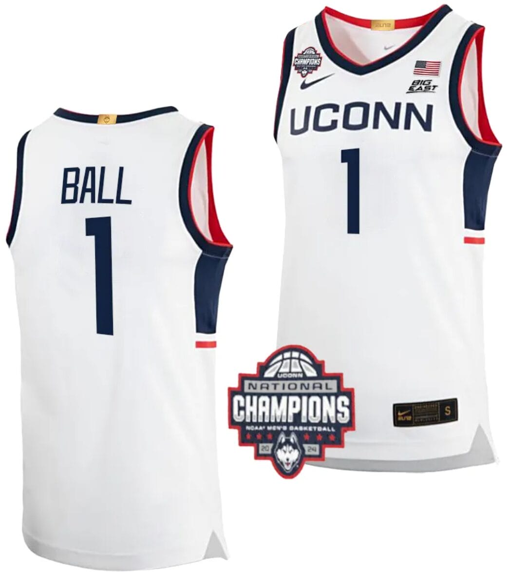 Solomon Ball Jersey #1 UConn Huskies 2024 NCAA Basketball National Champions White Elite
