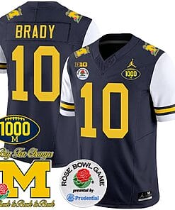 Tom Brady Jersey #10 Michigan Wolverines Vapor Stitched 1000 Wins Rose Bowl Patch White Sleeves