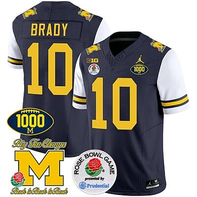 Tom Brady Jersey #10 Michigan Wolverines Vapor Stitched 1000 Wins Rose Bowl Patch White Sleeves