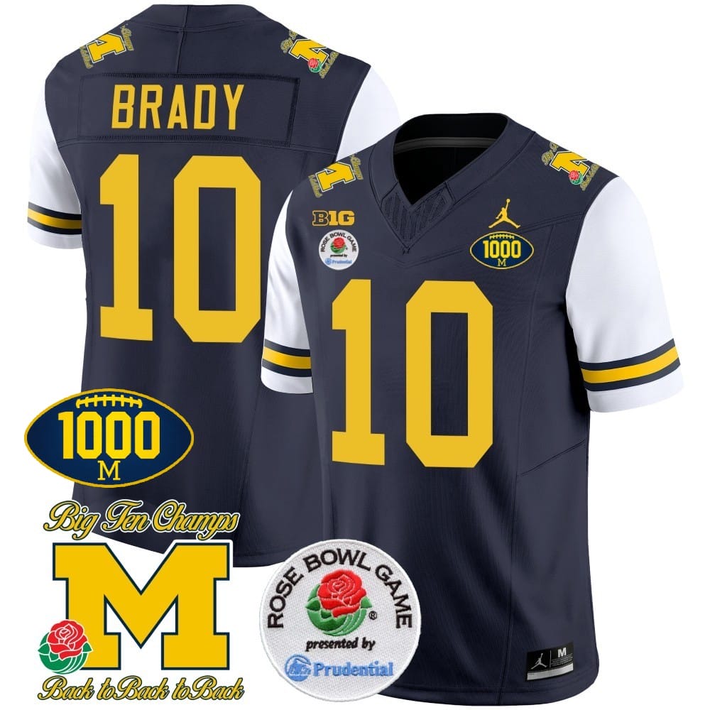 Tom Brady Jersey #10 Michigan Wolverines Vapor Stitched 1000 Wins Rose Bowl Patch White Sleeves