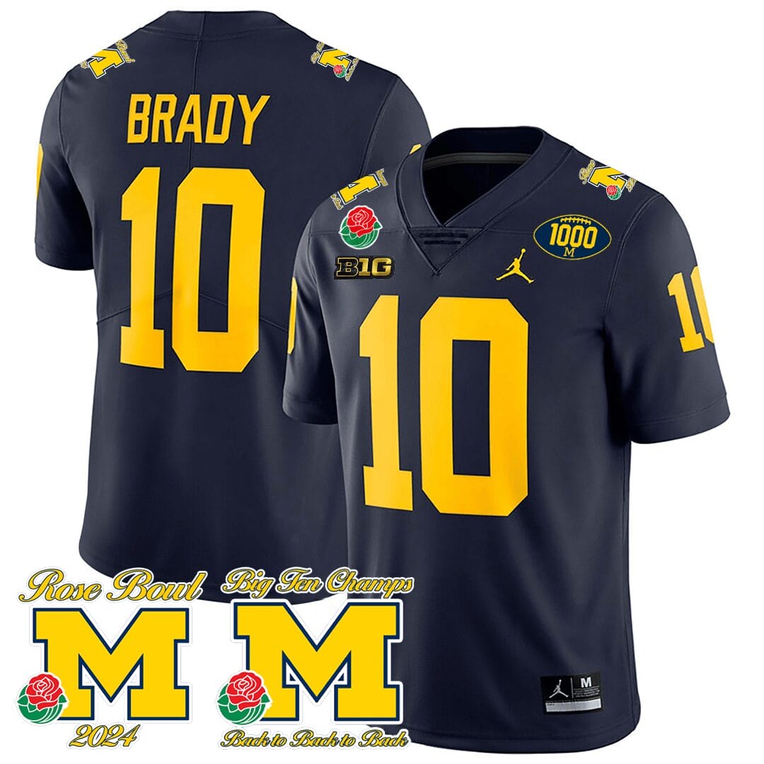 Tom Brady Jersey #10 Michigan Wolverines 1000 Wins Rose Bowl Big Ten Champs Patch Navy