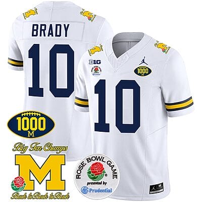 Tom Brady Jersey #10 Michigan Wolverines Vapor Stitched 1000 Wins Rose Bowl Patch White