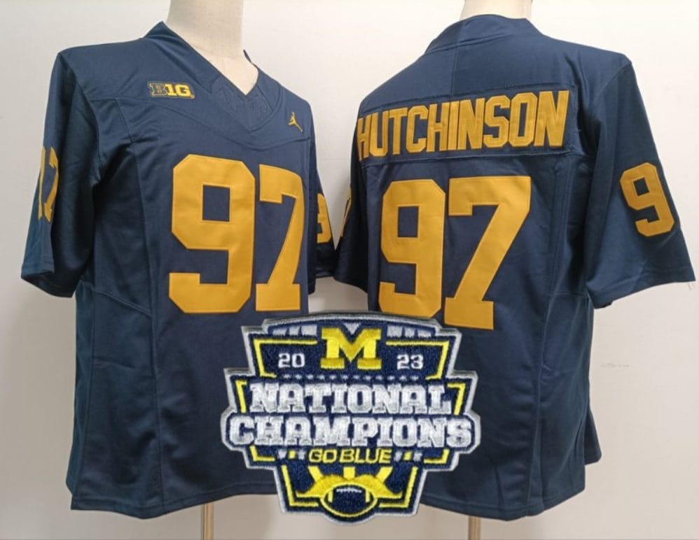 Aidan Hutchinson Jersey #97 Michigan Wolverines Football 2023 National Champions Patch Navy